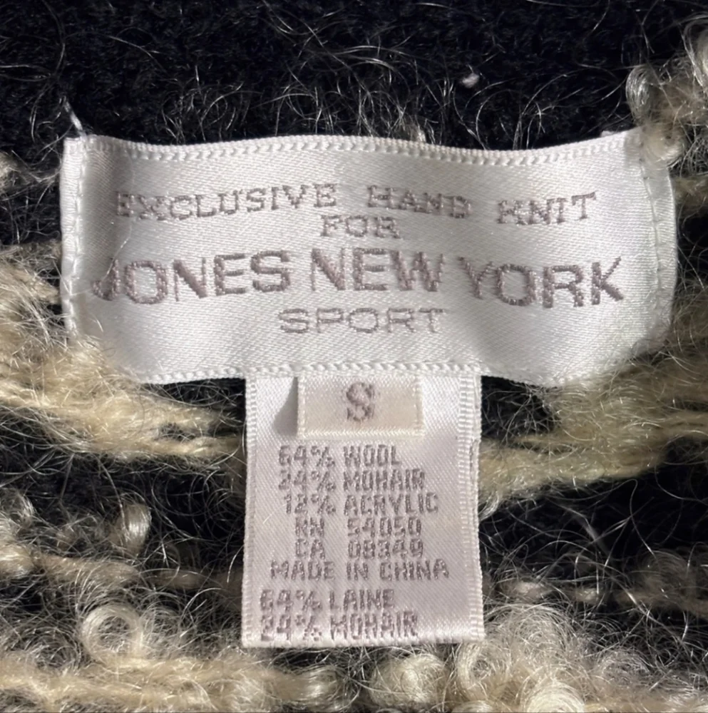 JONES NEW YORK SPORT Black & Cream Hand Knit Bouclé Mohair Cardigan VINTAGE